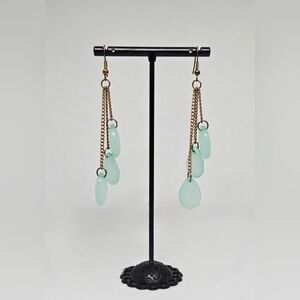 Bronze Chain Dangle Earrings Aqua Teardrop Beads Boho Style